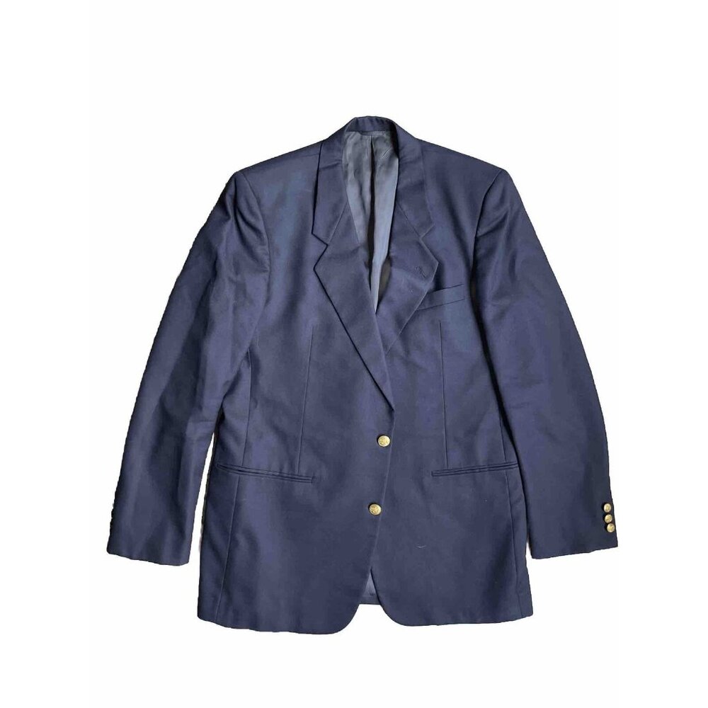 Vintage Mens Navy Blue 100% Wool Blazer Size 42 L Gold Crest Buttons Captain